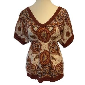 SMART SET PAISLEY PRINT/ KNIT TRIM SHORT SLEEVE/ V-NECK TUNIC BLOUSE/ Size M
